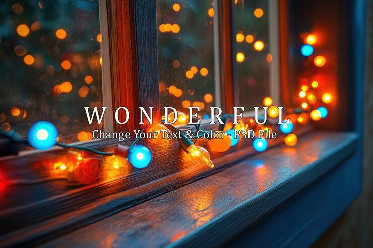 PSD farbige weihnachtslichter über einem fensterrahmen mit verschwommenen bokeh-lichtern im hintergrund
