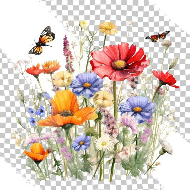PSD farbige wiesen- und gartenblumen mit isolierten insekten isoliert auf transparentem hintergrund
