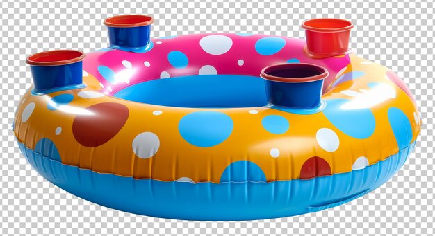 Farbiger aufblasbarer Pool-Float mit mehreren Becherhaltern, die auf durchsichtigem Hintergrund isoliert sind