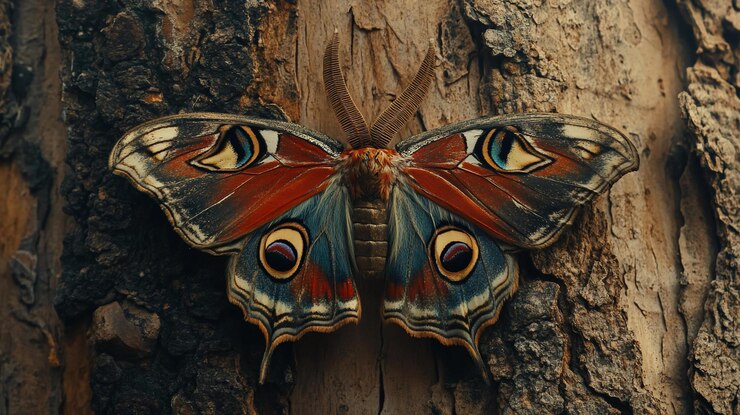 PSD farbiger eule-schmetterling auf baumrinde