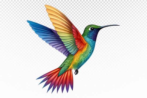 Farbiger Kolibri im Flug mit lebendigen Regenbogenfedern, die Freude, Freiheit und Natur symbolisieren