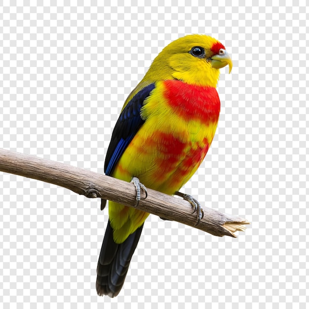 Farbiger Papagei sitzt auf einem Zweig, der auf einem durchsichtigen Hintergrund isoliert ist