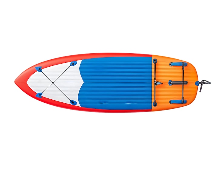 PSD farbiges aufblasbares paddle board mit rot-blauem und orangefarbenem design, isoliert auf weißem hintergrund
