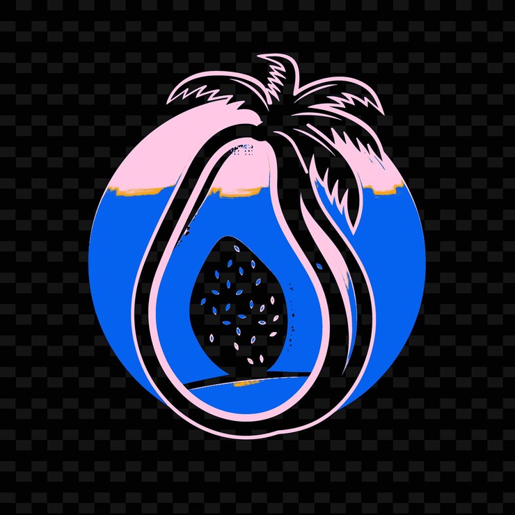 PSD farbiges papaya-logo mit sonnenuntergang und strandatmosphäre kreative und minimalistische vektordesigns