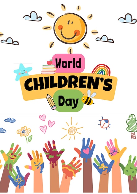 Farbiges Poster zum Weltkindertag mit bemalten Händen