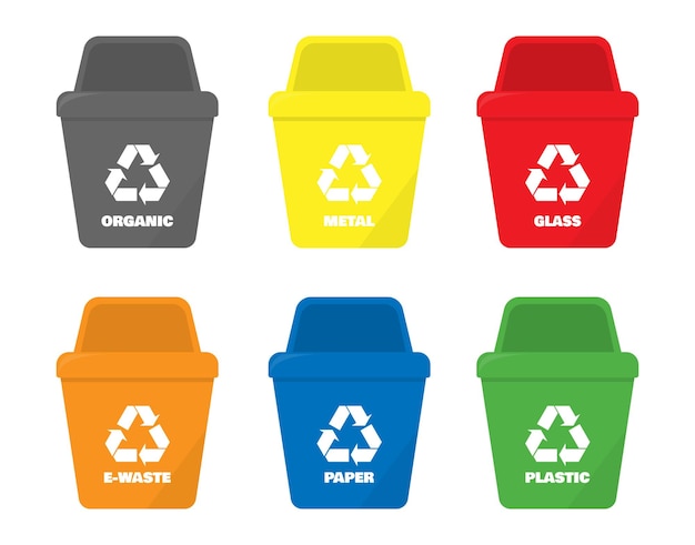 Farbkodierte Recyclingbehälter für die Abfalltrennung, isoliert auf durchsichtigem Hintergrund