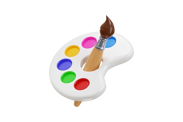 Farbpalette mit Pinsel-Symbol 3D-Rendering Konzept der Kunstpädagogik Ikonen Vektor-Illustration