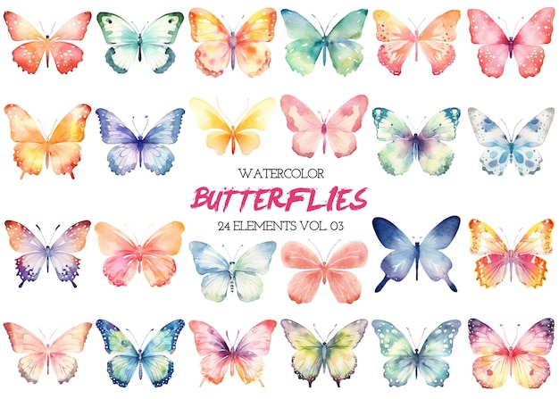 Farfalle dipinte ad acquerello clipart Elementi di design disegnati a mano isolati su sfondo bianco