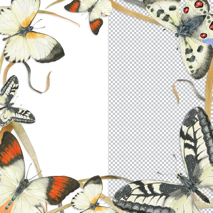 PSD farfalle e piante da prato cornice di illustrazione della natura ad acquerello per auguri e biglietti di auguri