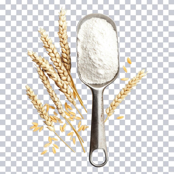 PSD farina di grano bianco di qualità superiore in cucchiaio metallico per la cottura e la cucina su sfondo trasparente
