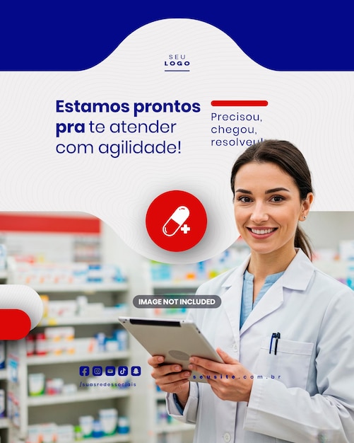 Farmácia Farmacista social media post modelo pílulas medicamentos curativos e testes
