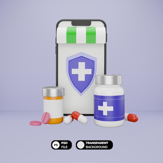 Farmacia online 3D con smartphone e farmaci e pillole mediche