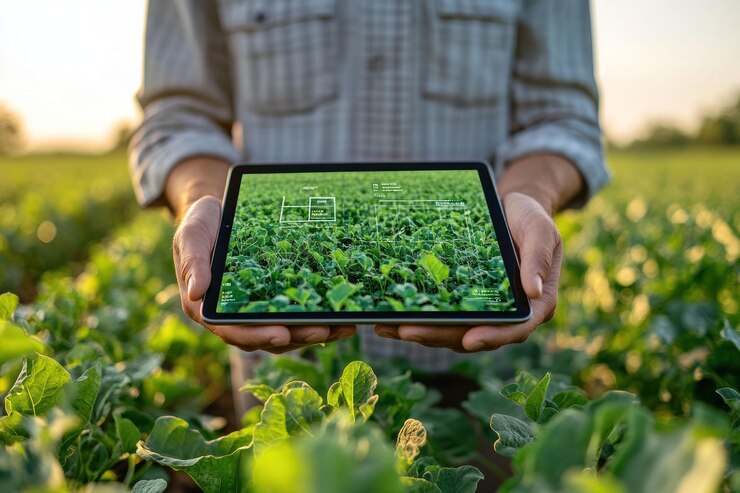 Farmer using a tablet to monitor his crops in a field
