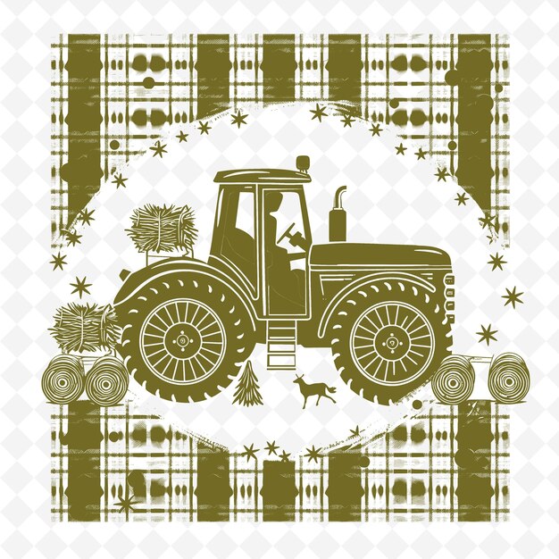 PSD farmhaus traktor umriss mit plaid muster und rad detail illustration dekor motive sammlung