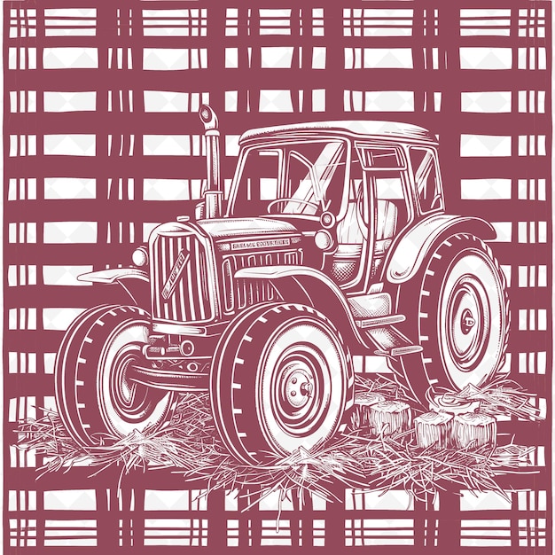 PSD farmhaus traktor umriss mit plaid muster und rad detail illustration dekor motive sammlung