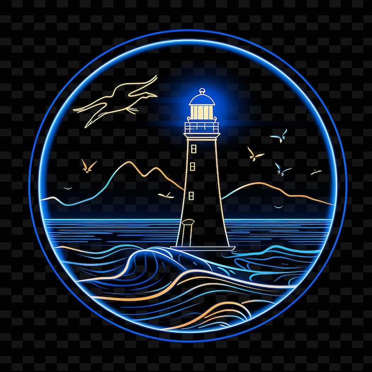 PSD faro náutico azul circular líneas de neón gaviota decorat png y2k formas artes de luz transparente