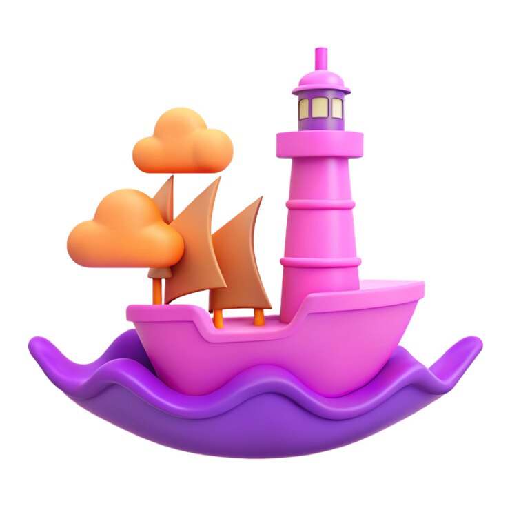 PSD un faro rosa con un barco y nubes en él
