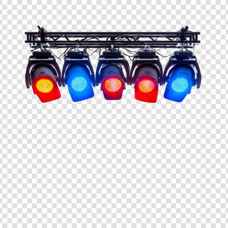 PSD faróis de palco com luzes led vermelhas e azuis vibrantes montados em um sistema de treliça