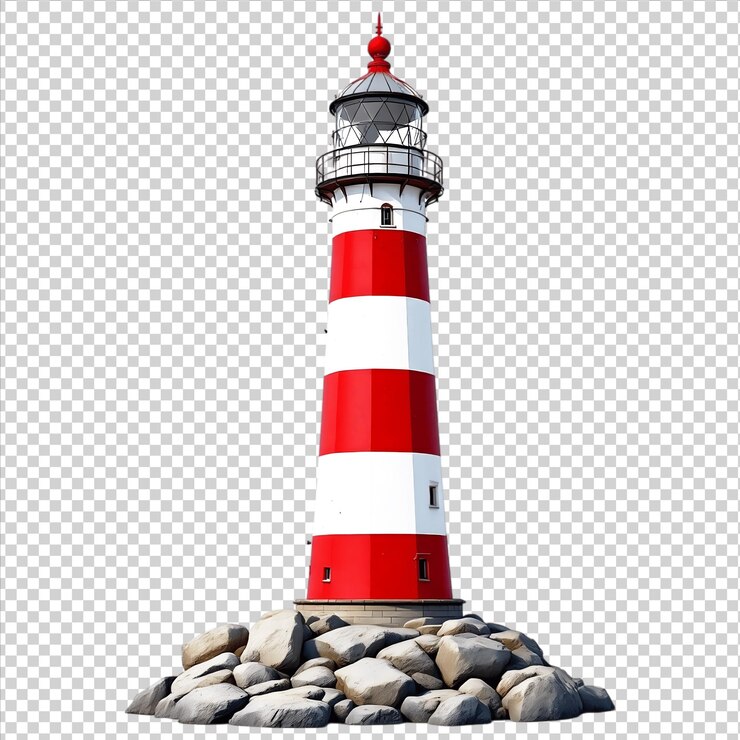 PSD farol com listras vermelhas e brancas farol costeiro para navegação marítima isolado