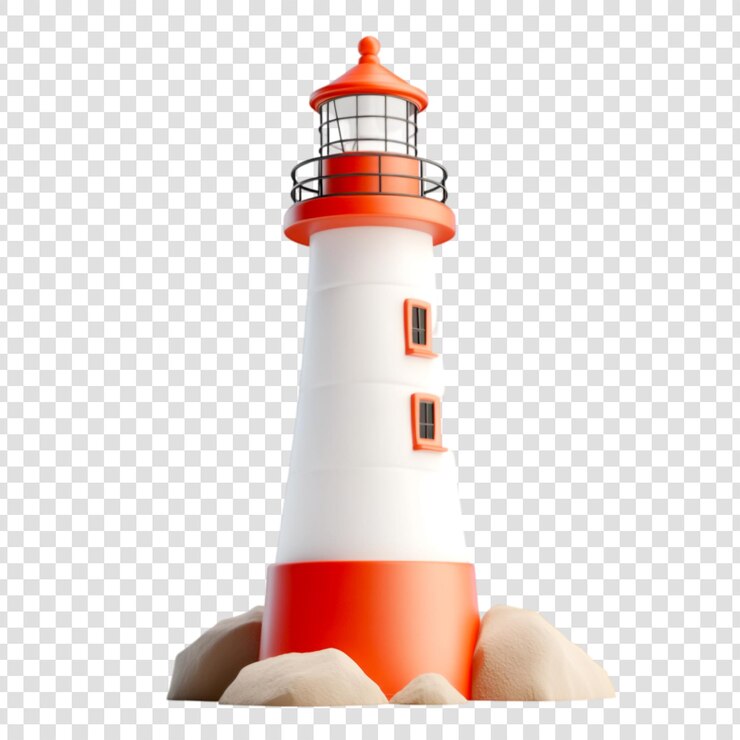 PSD farol de desenho animado renderizado em 3d em rochas em um fundo transparente
