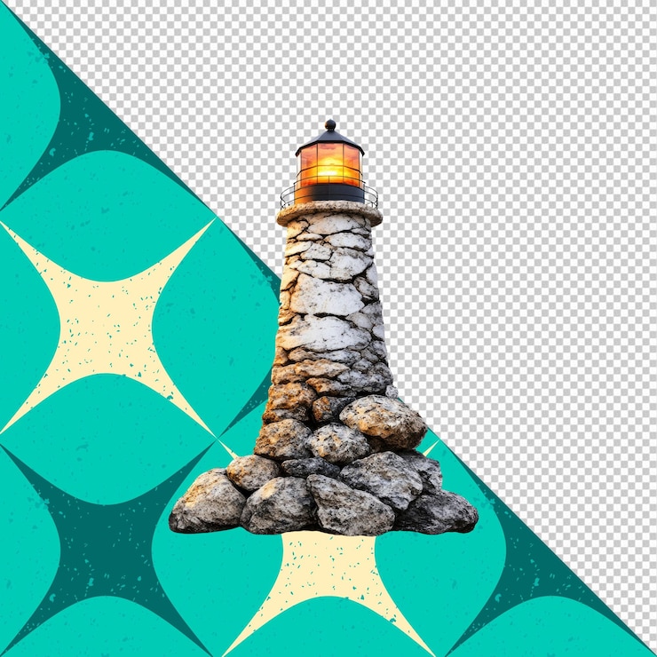 PSD farol de pedra iluminado na costa rochosa ao pôr-do-sol