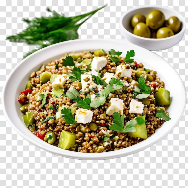 PSD farro verde avec feta et olives sur un fond transparent