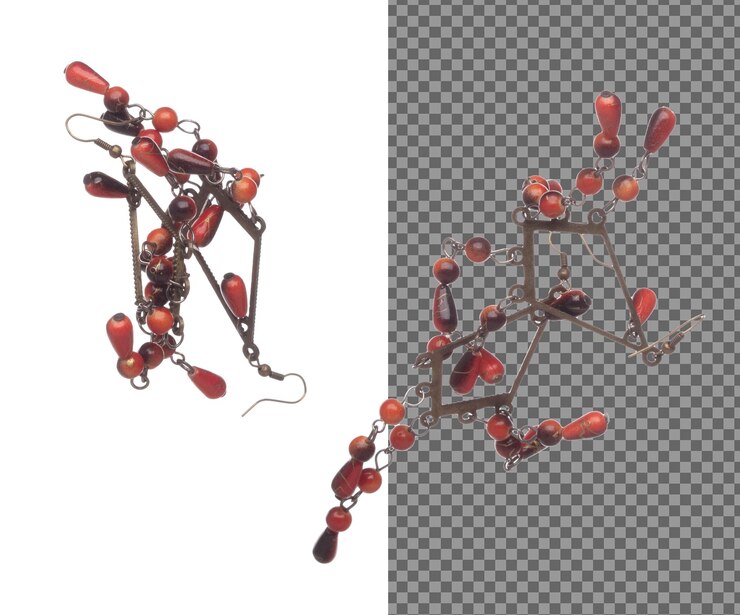 PSD fashion stud orecchini con bellissimi dettagli di lavoro è il valore di lusso stud orecchino di fiori di diamanti è la tendenza della moda e volare in aria sfondo bianco isolato