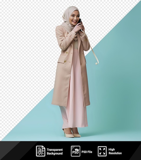 PSD fashionista con abrigo beige con un teléfono móvil png psd