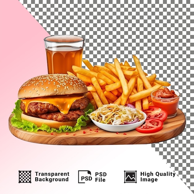 PSD fast-food delius avec des hamburgers frits et des boissons froides isolés sur un fond transparent png