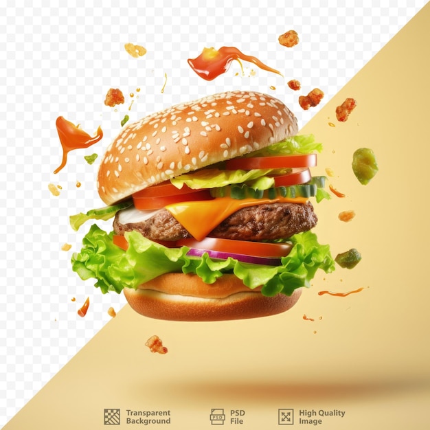PSD fast food suspenso no meio do ar ingredientes de hambúrguer salgado patty cheddar pão alface cebola tomate pepino em fundo transparente