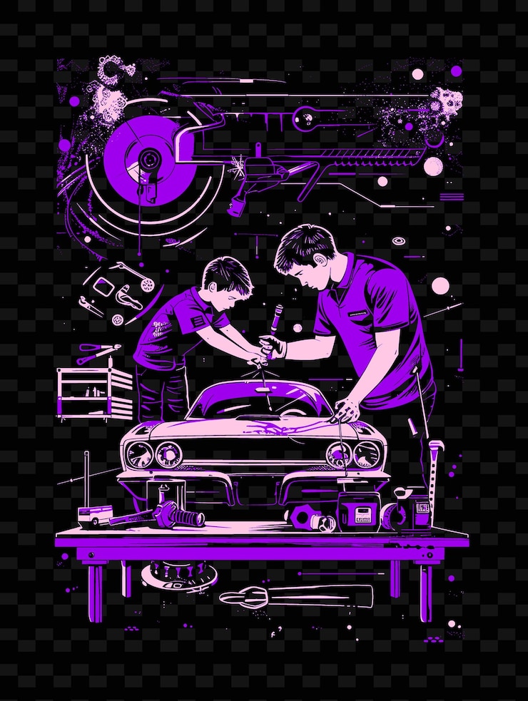 PSD father and son fixing a car together in a garage with tools png illustration art work designs