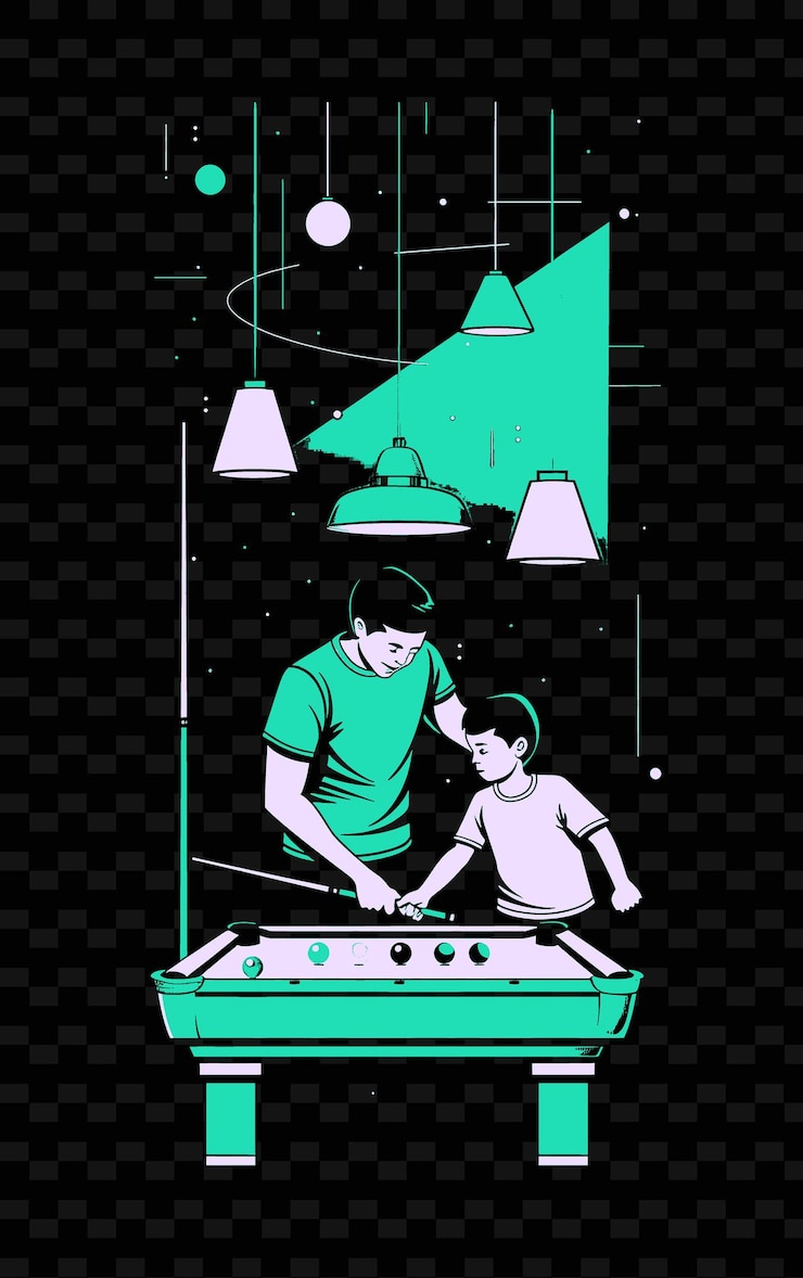 PSD father and son playing pool in a game room with a cool scene png illustration art work designs