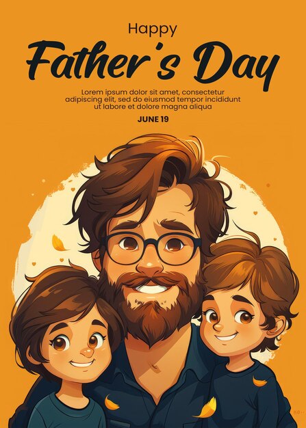 PSD fathers day poster template with a background of a vector illustration of father with his two sons