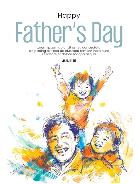 PSD fathers day poster template with a simple line drawing illustration of asian father lying down