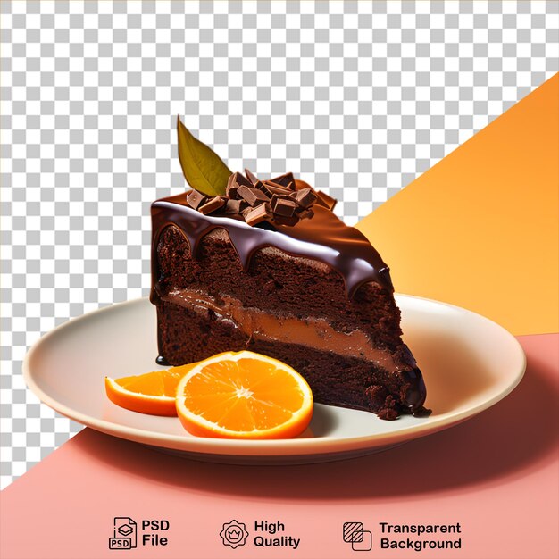 PSD fatia de bolo de chocolate com frutas de laranja em um prato isolado em fundo transparente inclui png