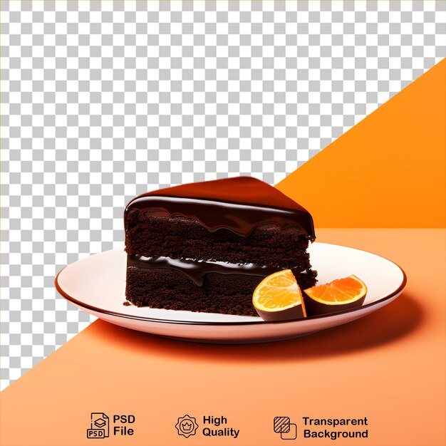 Fatia de bolo de chocolate com frutas de laranja em um prato isolado em fundo transparente inclui png