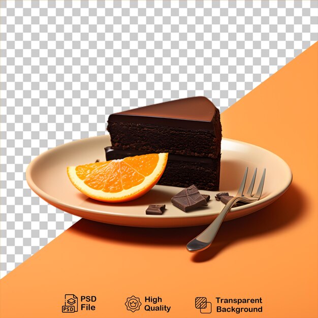 Fatia de bolo de chocolate com frutas de laranja em um prato isolado em fundo transparente inclui png