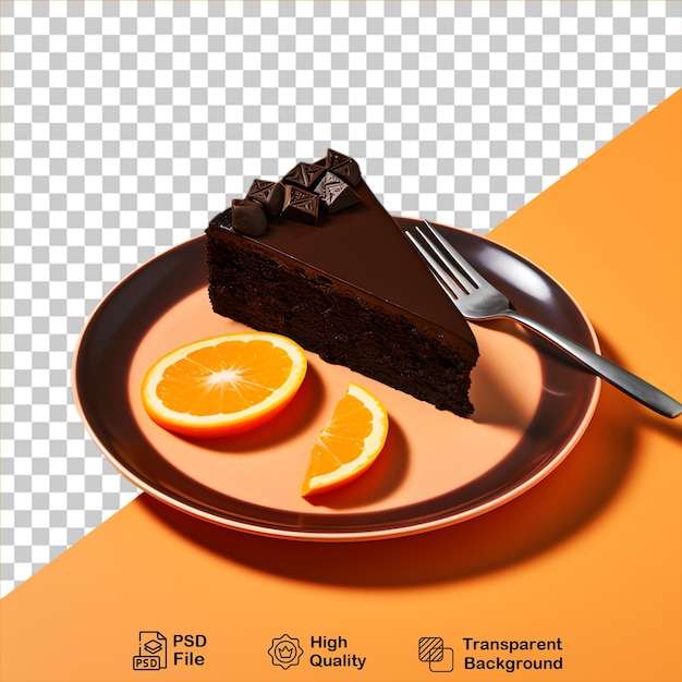 Fatia de bolo de chocolate com frutas de laranja em um prato isolado em fundo transparente inclui png