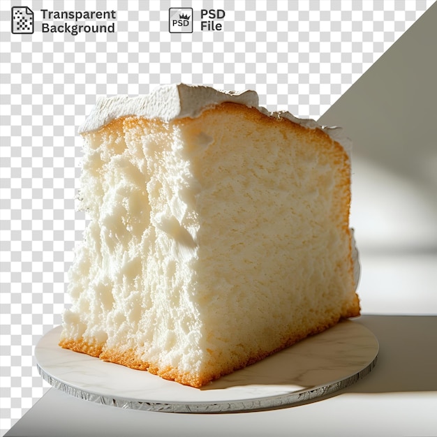 Fatia de bolo de comida de anjo isolada em um prato branco contra uma parede branca