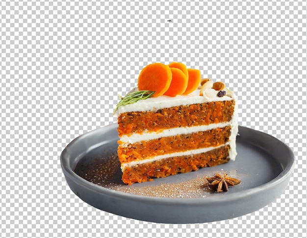 Fatia de bolo de laranja com creme e molho de caramelo isolado em fundo transparente