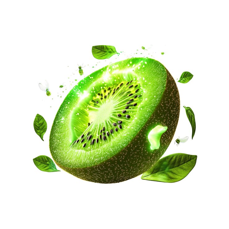 PSD fatia de kiwi vibrante com insetos voadores e folhas verdes conceito de fruta fresca