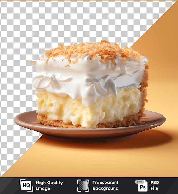 PSD fatia fofinha de torta de creme de coco em um prato branco com uma sombra escura no fundo