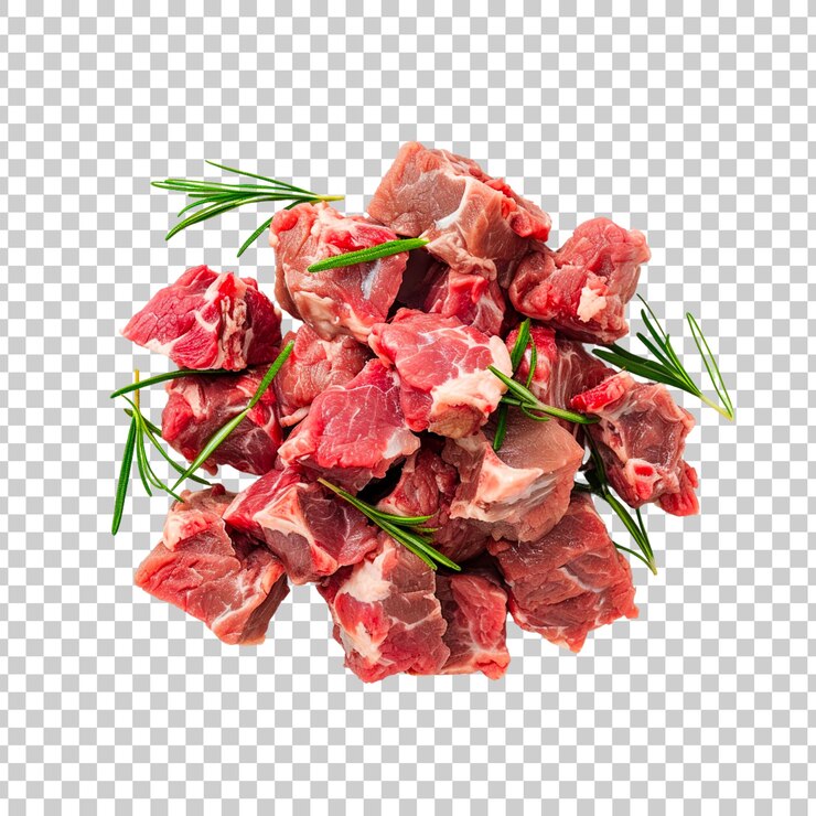 PSD fatias de carne fresca carne crua com folhas vista de cima sobre um fundo transparente