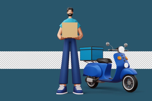 Fattorino con cassetta dei pacchi e un rendering 3d moto