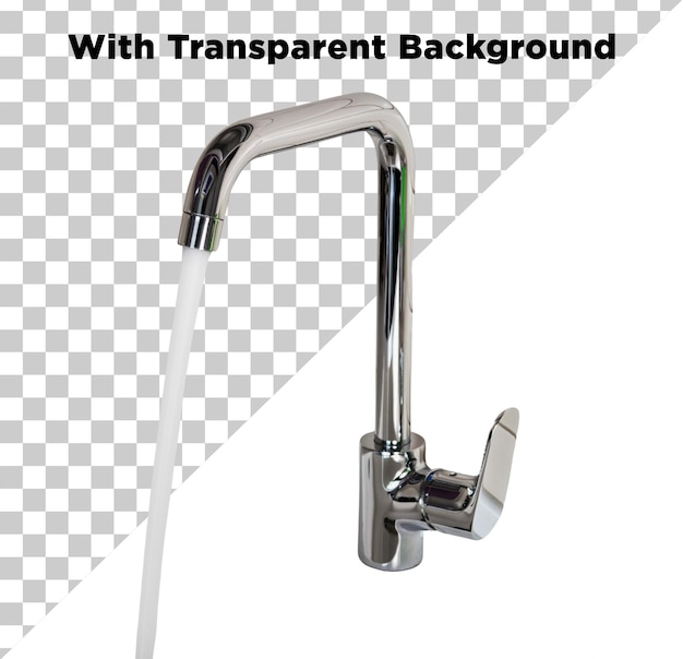 Faucet o rubinetto in metallo in stile moderno con maniglia PSD con acqua in esecuzione isolato su sfondo trasparente
