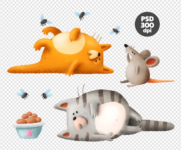 Faule Katzen und Maus Hand gezeichnete Clipart