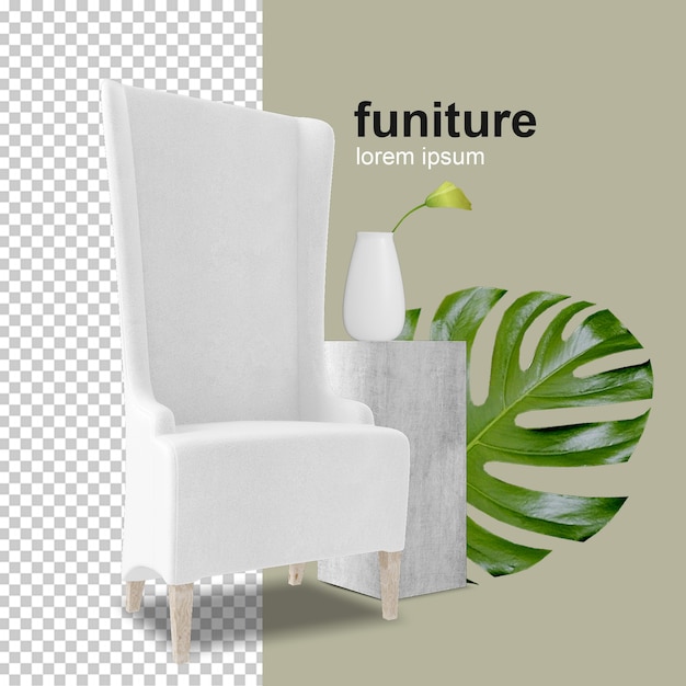 PSD fauteuil avec feuille de monstera en rendu 3d