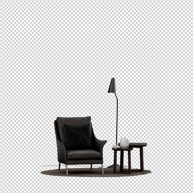Fauteuil isométrique rendu 3D avec table et lampadaire isolé