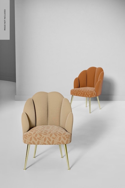Fauteuils avec maquette de pieds métalliques, vue de face