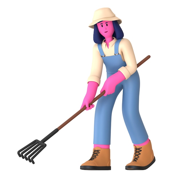Fazendeira Menina usa rake Agricultura Aldeia